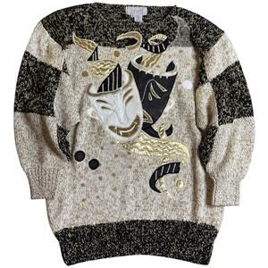 Collectible 1980s Nannell Hand Knit Metallic Comedy & Tragedy Mask Sweater  M